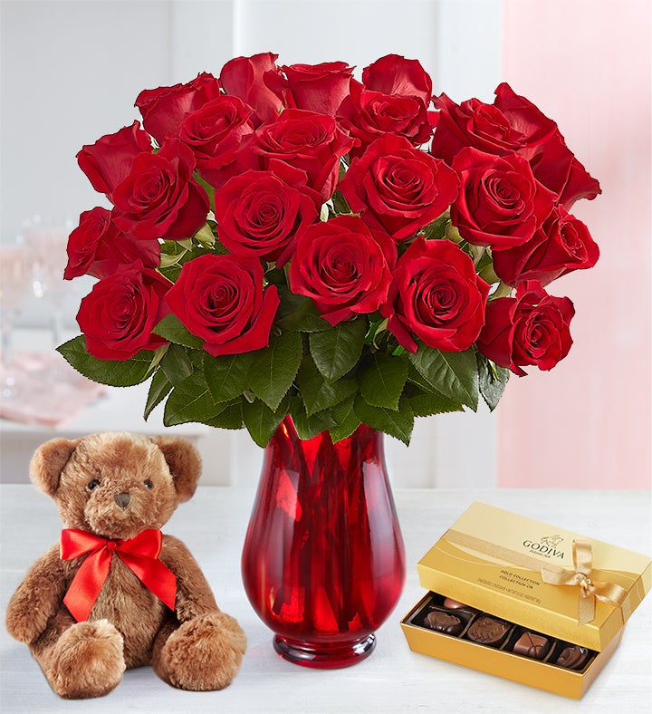 Red Roses with Bear, 12 24 Stems