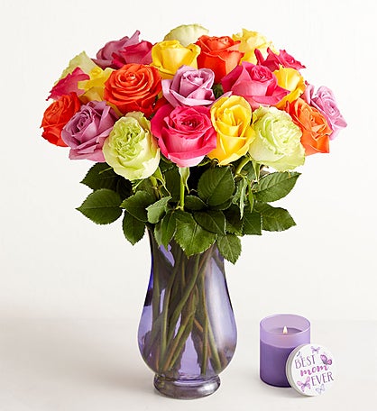 Assorted Roses with Best Mom Candle