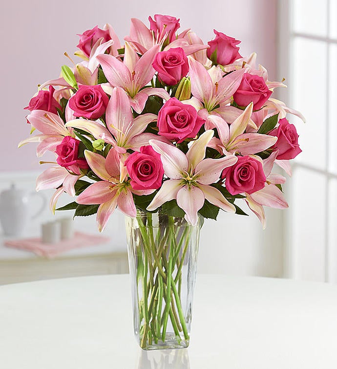 Magnificent Pink Rose & Lily Bouquet + Free Vase 107003