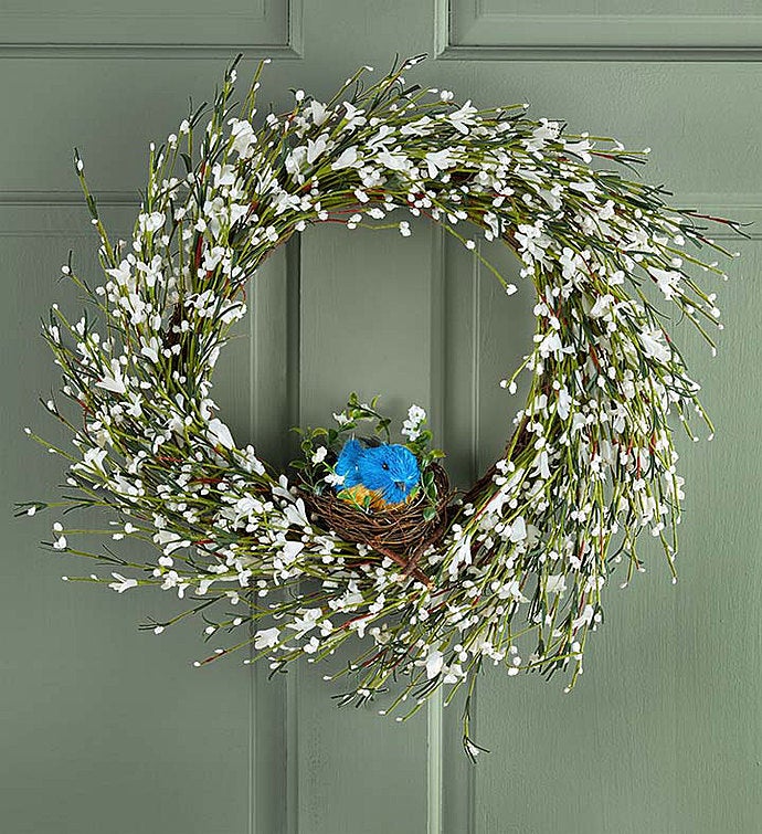 Faux Bluebird White Buttercup Wreath   22”