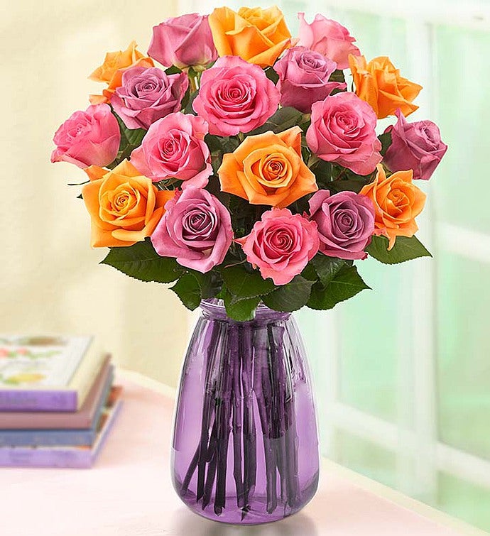 18 Sorbet Roses + Free Vase & Free Shipping