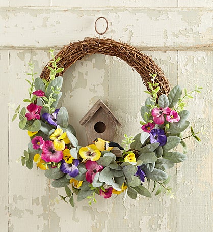 Charming Birdhouse Pansy Wreath- 20"