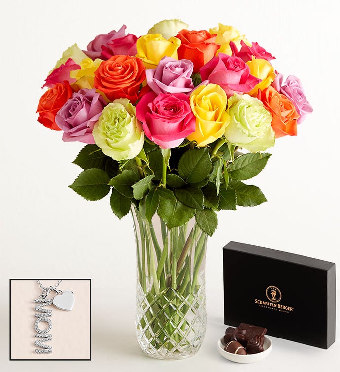 Two Dozen Assorted Roses with Luxury Posh™ Vase