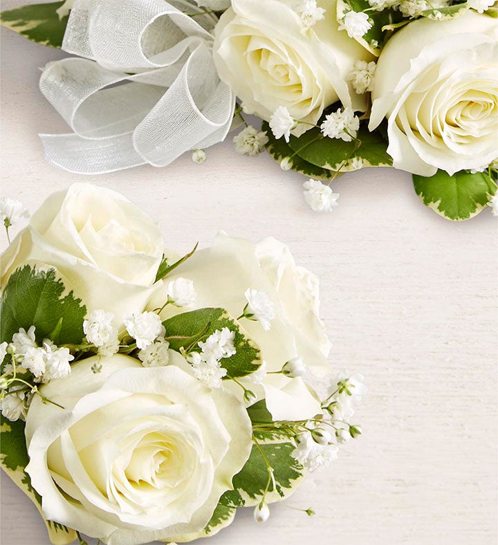 White Spray Rose Corsage and Boutonniere