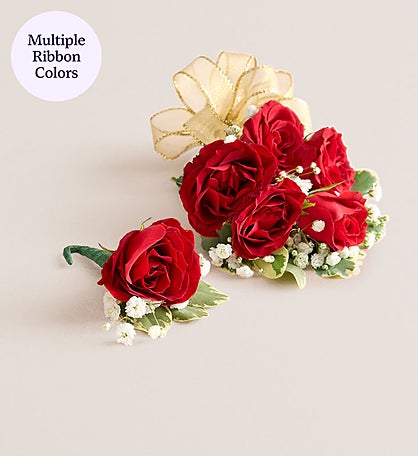 Red Spray Rose Corsage & Boutonniere