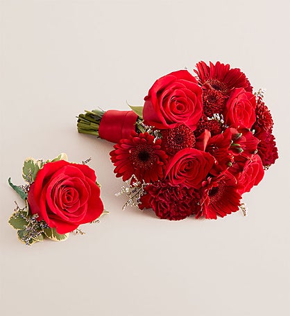 Prom Bouquet and Boutonniere - Red and Burgundy