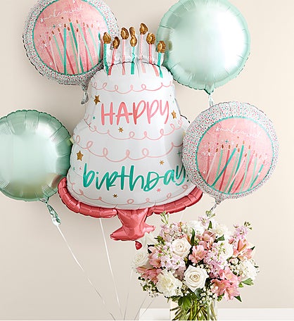 Elegant Blush Bouquet with Happy Birthday Balloon Arrangement
