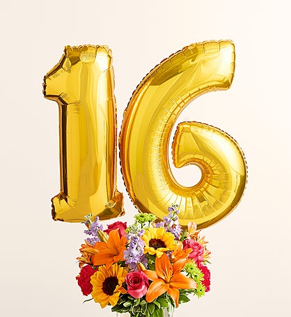 Floral Embrace™ with Number 16 Balloons