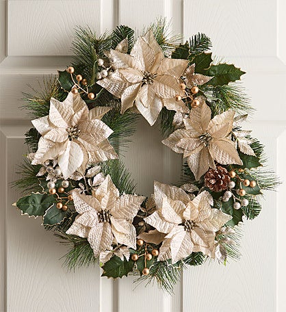 Glittering Ivory Poinsettia Wreath - 22"