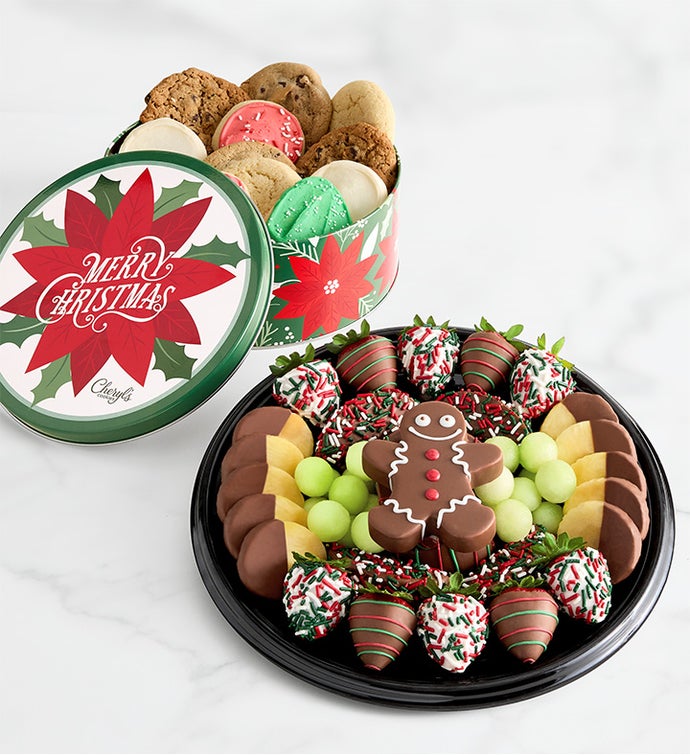 Holiday Dipped Fruit Platter with Cheryl’s® Holiday Cookie Tin