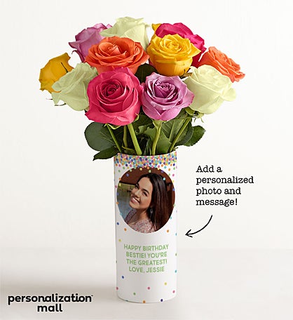 Birthday Confetti Bouquet with Personalized Photo Vase