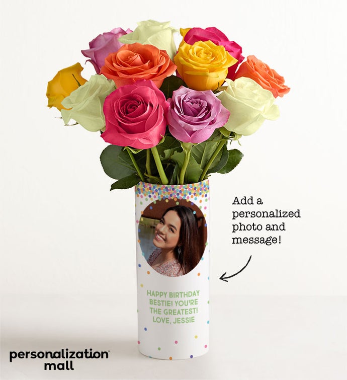 Birthday Confetti Bouquet with Personalized Photo Vase