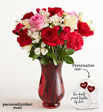 Two Hearts, One Love Bouquet with Personalized Heart Keepsake