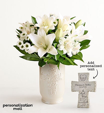 White Lily Bouquet for Sympathy with Personzlied Cross