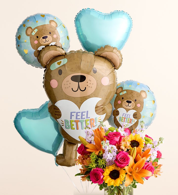Floral Embrace with Feel Better Bear Balloon Arrg