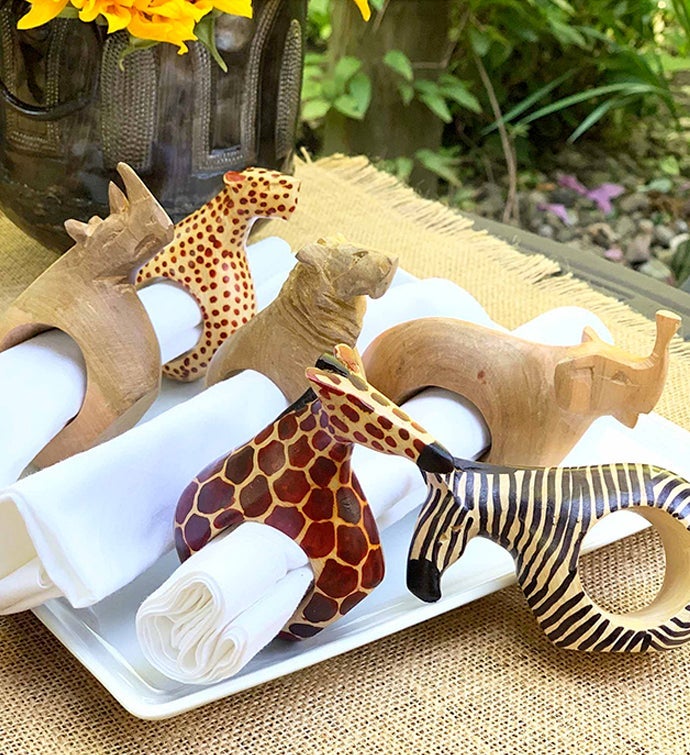 African Mahogany Safari Animal Napkin Rings Set Of 6