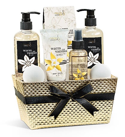 Warm Vanilla Fragrance Bath & Body Gift Set in Gold Basket