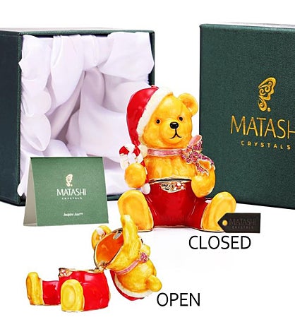 Matashi Hand-painted Candy Cane Christmas Bear Trinket Box Jewelry Holder