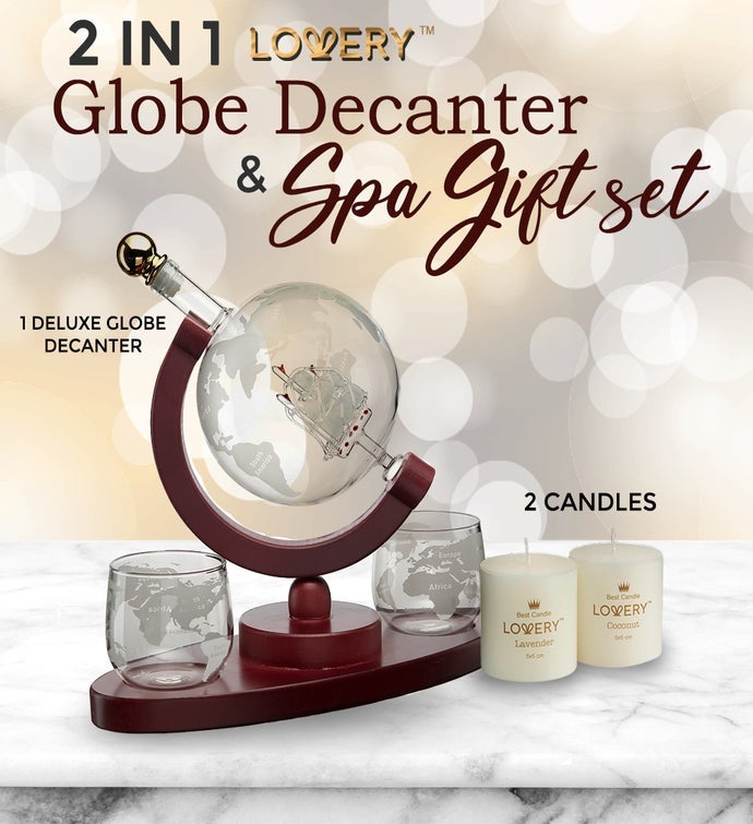 Whiskey Wine Globe Decanter & Spa Essentials Gift Set