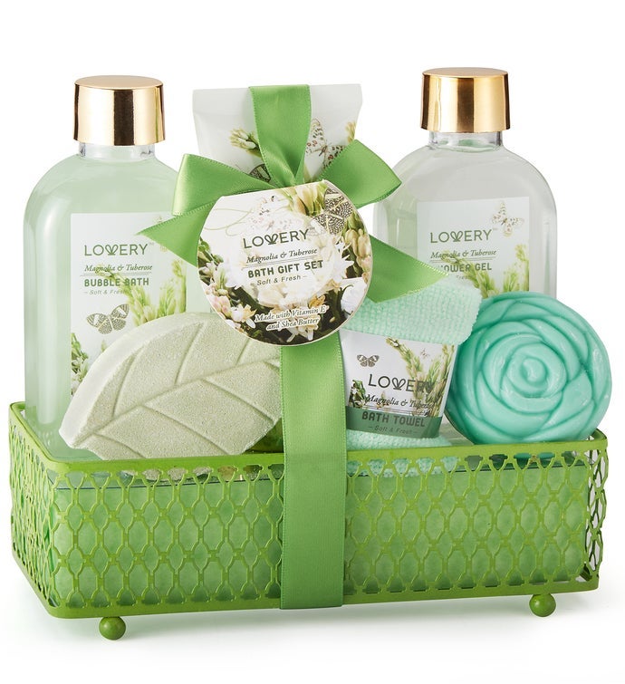 Home Spa Gift Basket   Magnolia & Tuberose Scent   7 Piece Bath & Body Set