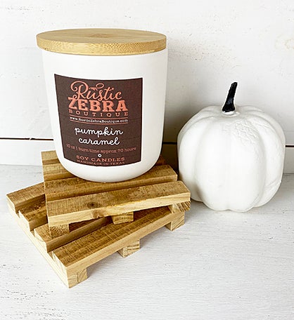12 Oz Pumpkin Caramel Candle In A White Tumbler Jar With Bamboo Lid