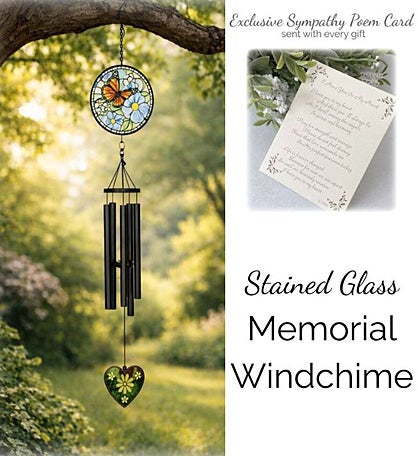 Memorial Wind Chime Sympathy Gift with Stained Glass Heart and Butterfly