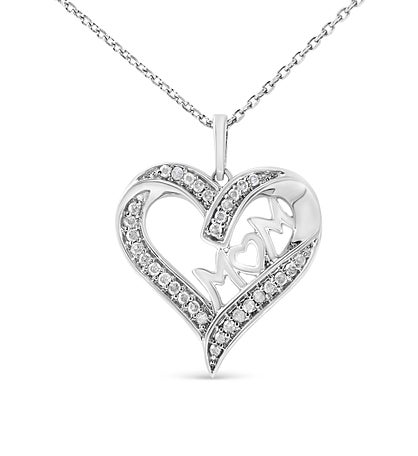 925 Sterling Silver 1/4 Cttw Diamond Engraved Mom Heart Pendant Necklace