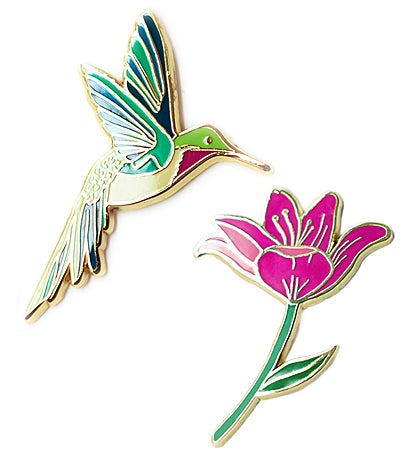 Hummingbird & Pink Lily Flower Lapel Pin 2-piece Set