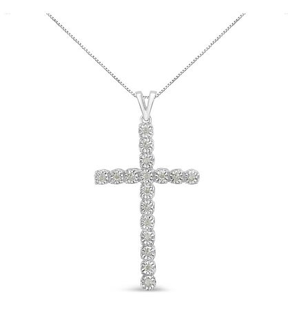 Silver 1/4 Cttw Diamond Miracle Set Cross Unisex Pendant Necklace 18"