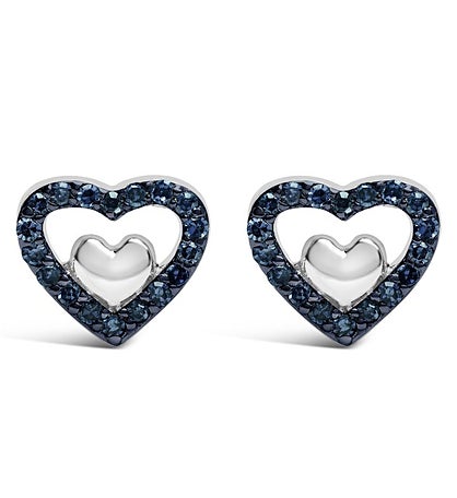 .925 Sterling Silver 1/6 Cttw Blue Diamond Open Double Heart Stud Earrings