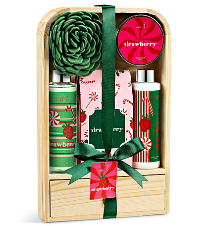 Elegant Modern Strawberry Bath and Body Gift Set in a Natural Wood Curio