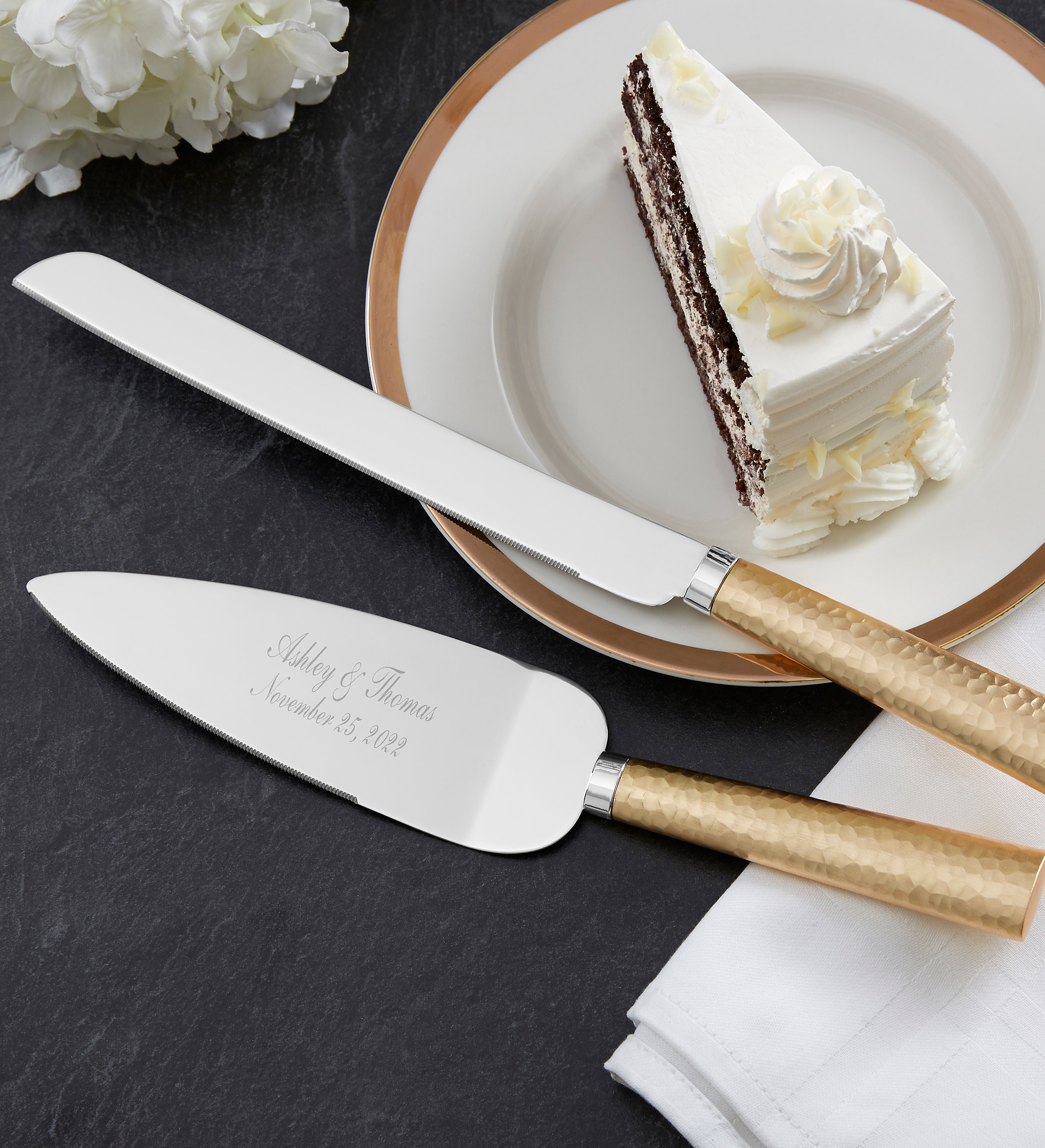 Gold Hammered Engraved Cake Knife & Server Set