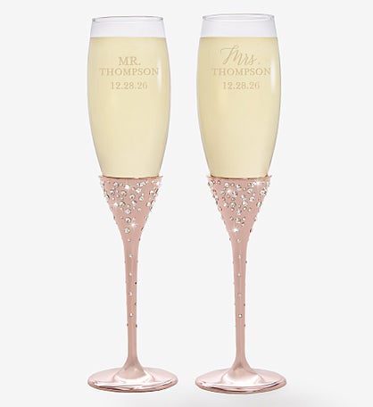 Radiant Rose Gold Etched Wedding Champagne Flute Set