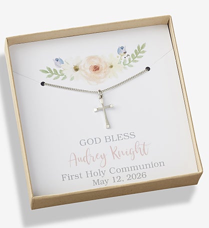 First Communion Cross Necklace With Personalized Message Card