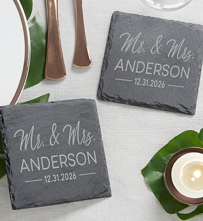 Stamped Elegance Engraved Wedding Favor Slate Coaster