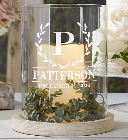 Laurel Wreath Personalized Hurricane with Whitewashed Wood Base