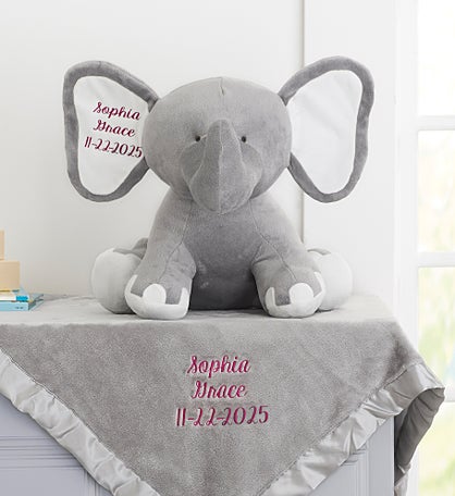 Embroidered Satin Trim Baby Blanket with Jumbo Plush Elephant Set