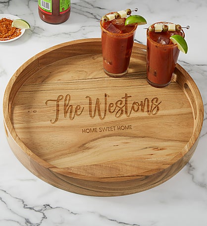 Seasonally Script Engraved Acacia Wood Round Serving Tray