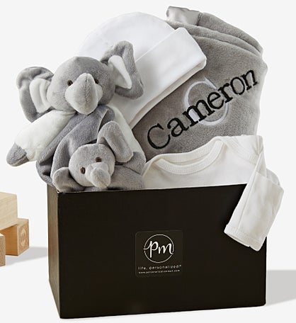 Embroidered Satin Trim Grey Baby Blanket with Clothes Set