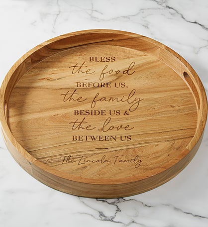 Bless the Food Before Us Engraved Acacia Wood Round Serving Tray