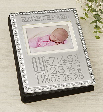 Baby Love Birth Information Engraved Silver Beaded Mini Photo Album