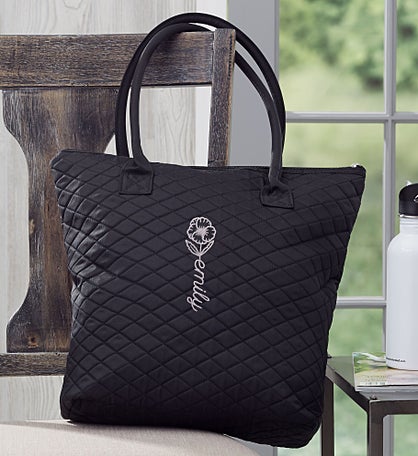 Birth Flower Name Embroidered Quilted Shoulder Bag