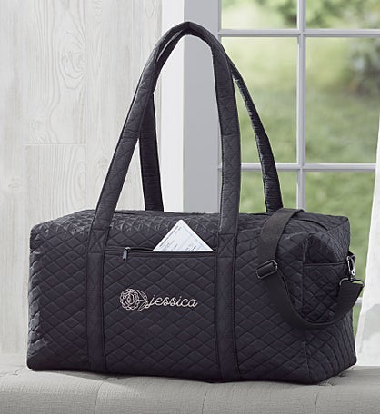 Birth Flower Name Embroidered Quilted Duffel Bag