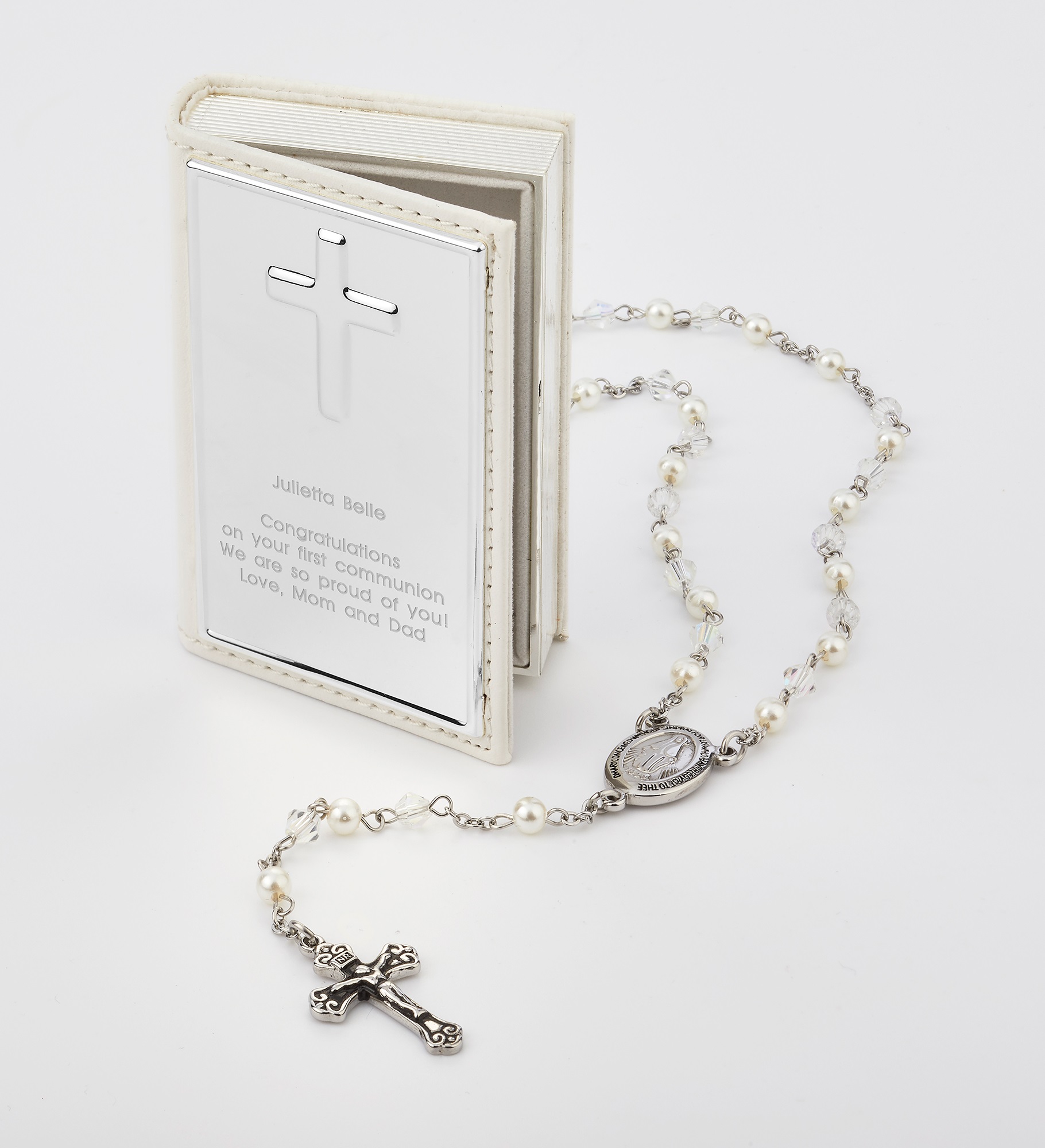  Children's Engraved Pearlescent White Rosary and Keepsake Box