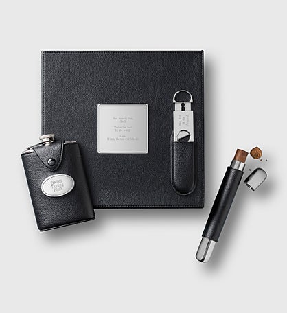 Engraved Vegan Leather Cigar and Flask Set