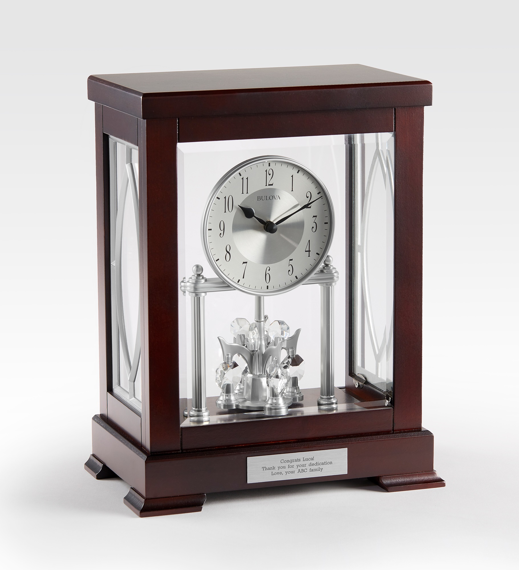 Engraved Bulova Empire Retirement Crystal Pendulum Clock