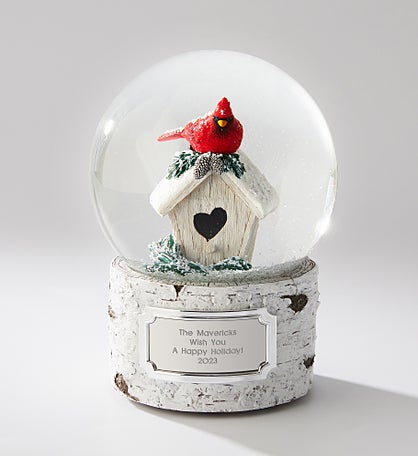 Engraved Holiday Cardinal on House Snow Globe