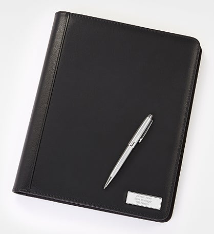 Engraved Black Vegan Leather Padfolio and Pen Set