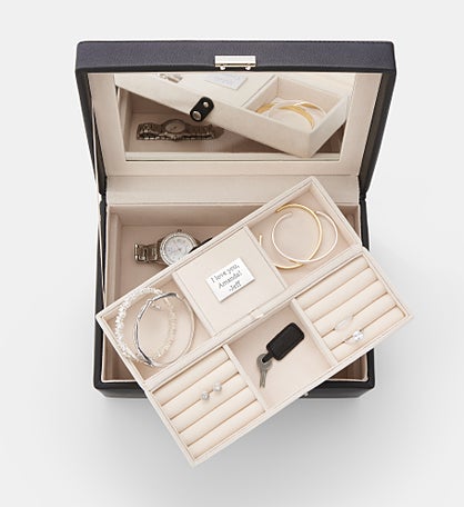 Engraved Vegan Leather Large Jewelry Box in Black