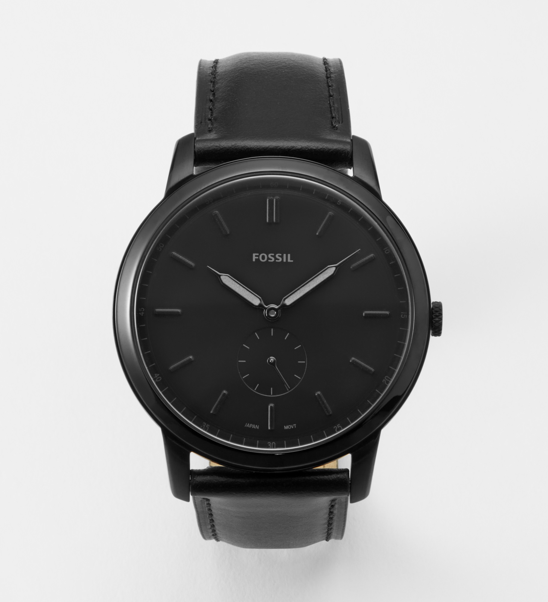 Engraved Fossil Minimalist Watch with Black Leather Strap